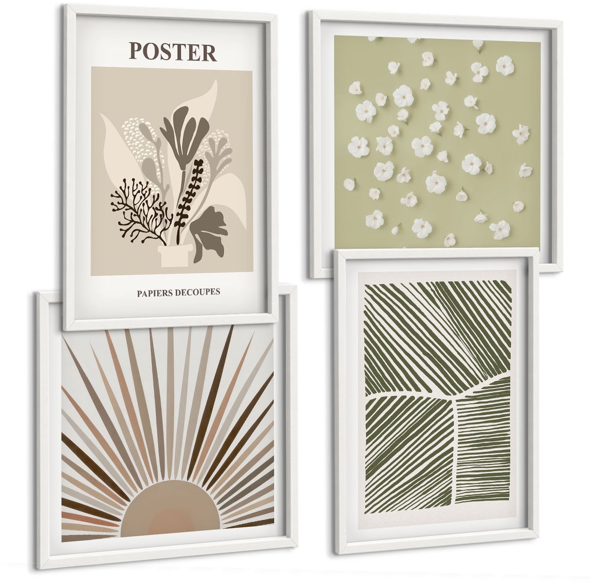 Tulup 4-Delige Schilderij Set - Plantmotieven in ingetogen kleuren en patronen. - 40x40 en 40x60 - Stijlvolle Wanddecoratie - Interieur - Moderne Wanddecoratie