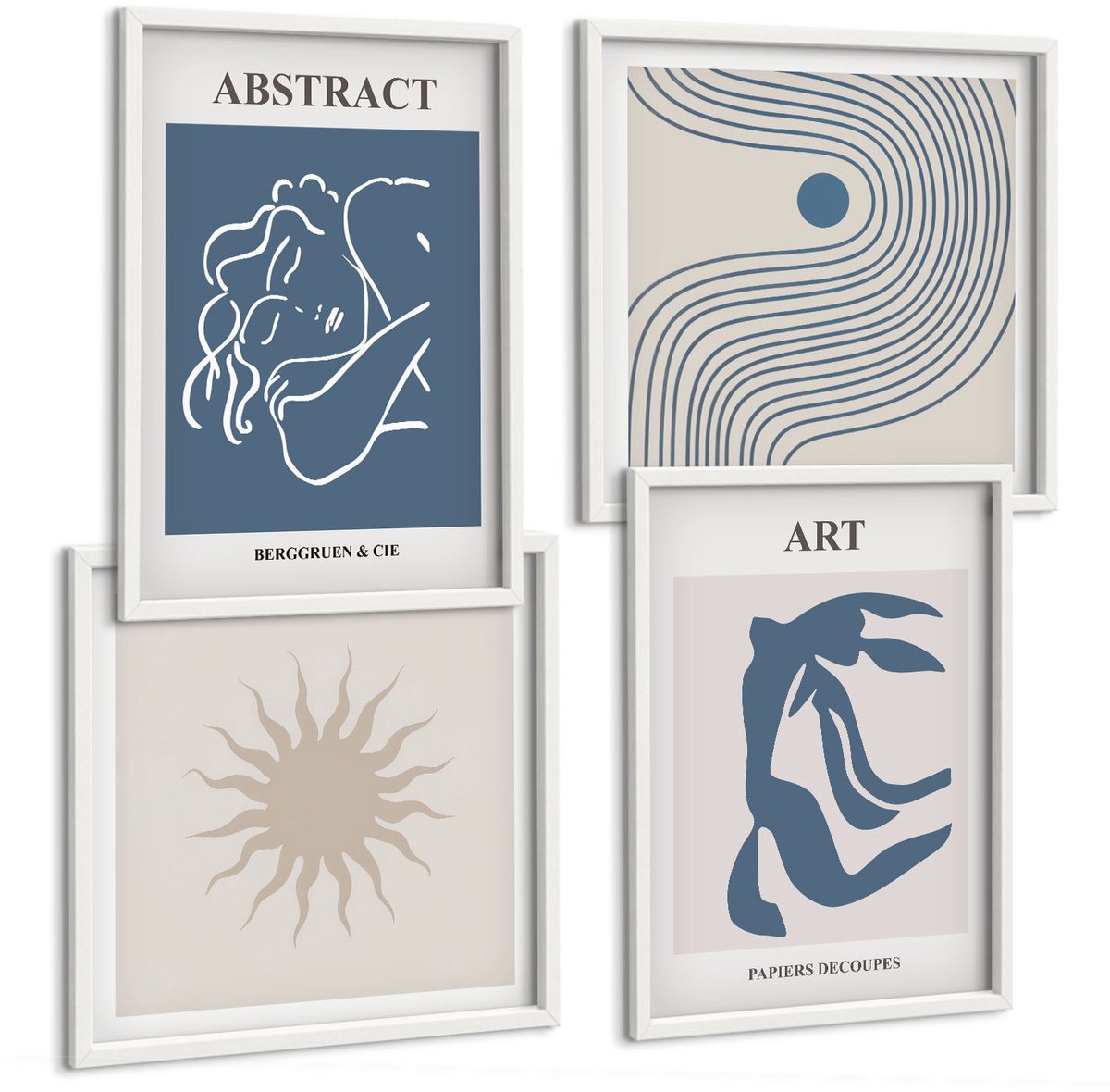 Tulup 4-Delige Schilderij Set - Stijlvolle abstracte patronen met figuren en bloemen van Matisse - 40x40 en 40x60 - Wanddecoratie - Schilderijen Set - Kantoor - Decoratieve Schilderijen