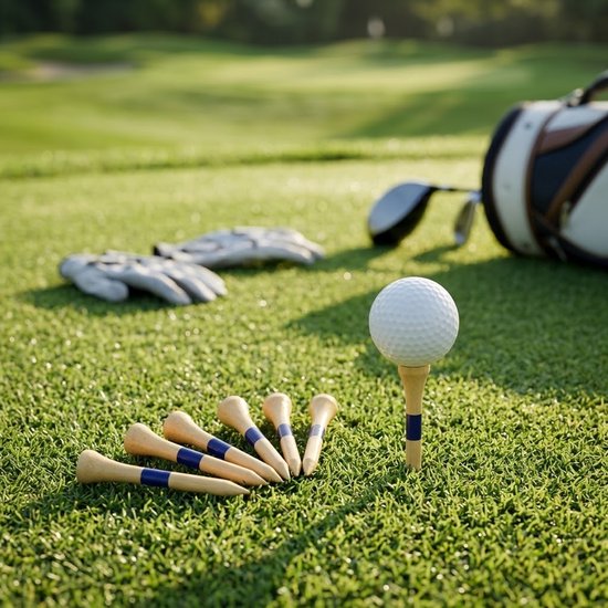 Houten golf tees 30 stuks 1,5 inch – korte golf tees – natuurlijke kleur met blauwe markering – golf tees voor training en golfspel – compacte houten golf tee — afbeelding 2