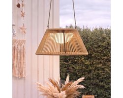 RexTech Solar hanglamp buiten 'Maris' - Oplaadbaar via USB C - Warm wit licht (2700K) - IP44 - Met Afstandsbediening - Rotan look - Tuinverlichting op zonne-energie