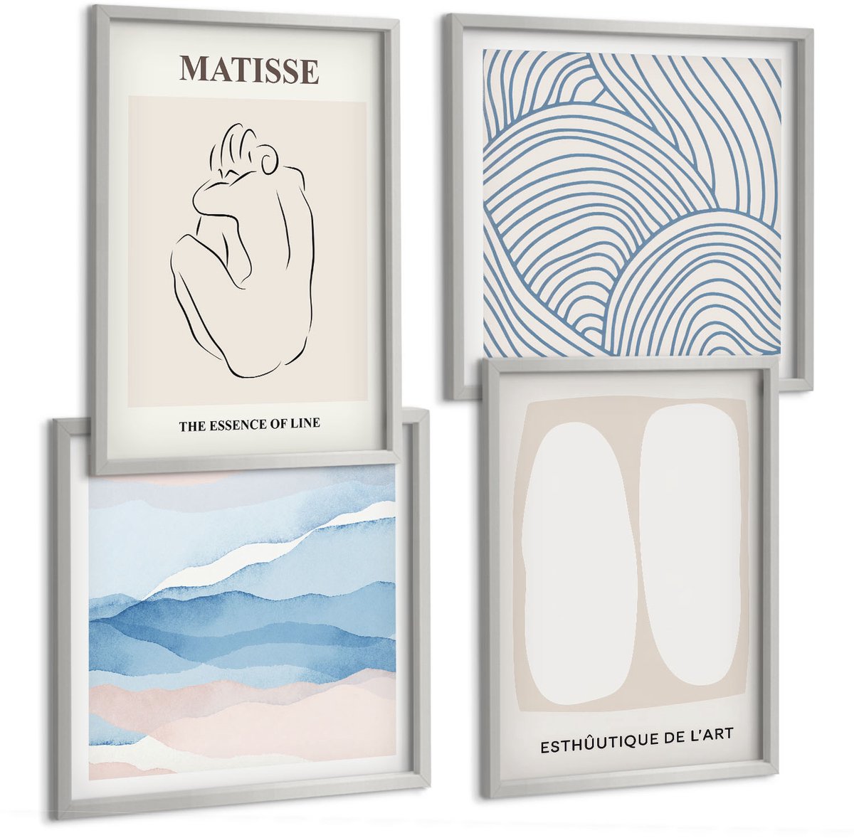 TULUP 4-Delige Schilderij Set - Abstracte vormen en delicate kleuren van Matisse - 40 x 40 cm en 40 x 60 cm - Stijlvolle Wanddecoratie - Interieur - Stijlvolle Muurdecoratie Zilveren lijst