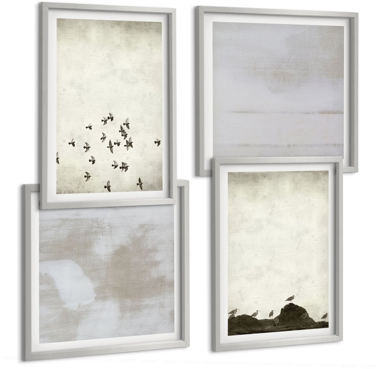 TULUP 4-Delige Schilderij Set - Vogels in vlucht en gekraste texturen in minimalistische stijl - 40 x 40 cm en 40 x 60 cm - Decoratieve Schilderijen - Wanddecoratie - Hal - Moderne Wanddecoratie Zilveren lijst