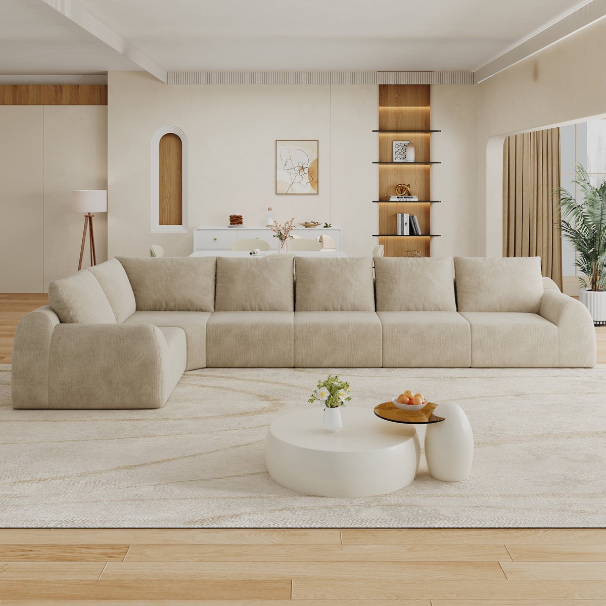 OKWISH Hoekbank 6-Zits 401 Cm - Boneless Bank Zonder Montage Met Hoogelastisch Schuim - Voor Woonkamer, Slaapkamer En Appartement - Stof - Khaki