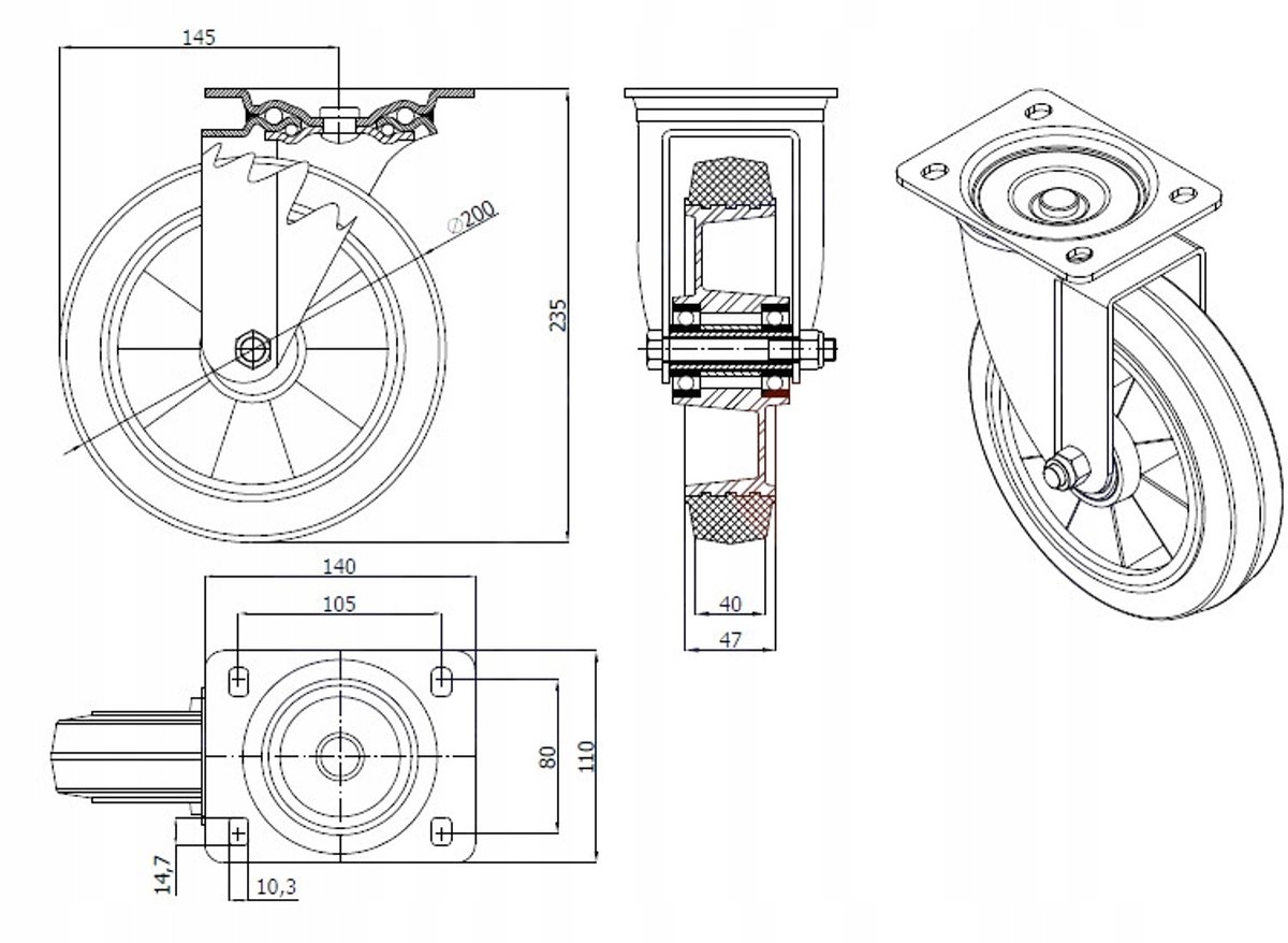 Zwaar Aluminium-Rubber Zwenkwiel 200mm - 300kg Draagvermogen