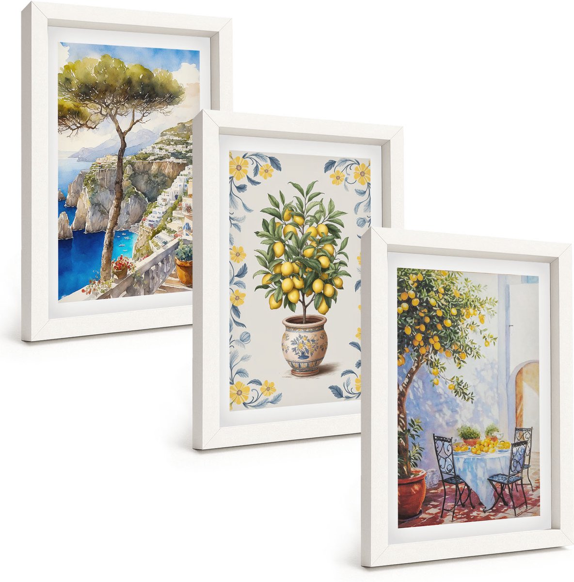 Tulup 3-Delige Schilderij Set - Zeegezicht met citroenbomen - Italiaanse schilderijen - 20x30 - Wanddecoratie - Muurdecoratie - Woonkamer - Moderne Wanddecoratie