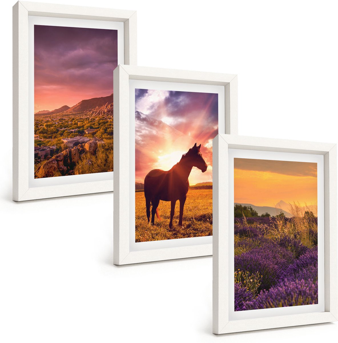 Tulup 3-Delige Schilderij Set - Berglandschappen met paarden en lavendelvelden - 20x30 - Wanddecoratie - Moderne Interieurdecoratie - Stijlvolle Muurdecoratie