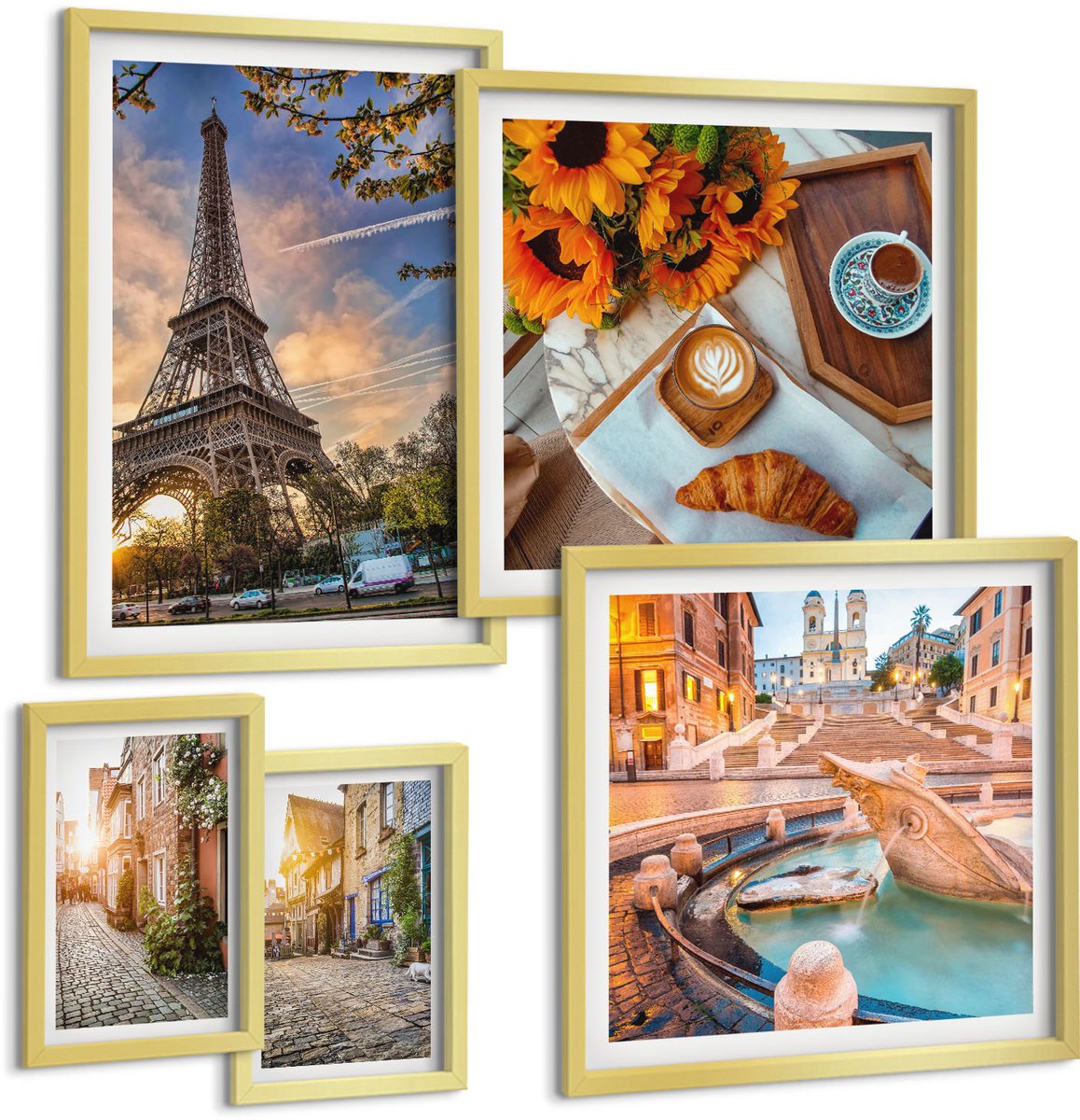 TULUP 5-Delige Schilderij Set - Sfeervolle, charmante uitzichten op Europese steden en cafés. - 50 x 50 cm, 20 x 30 cm en 40 x 60 cm - Decoratieve Schilderijen - Woonkamer - Interieur - Woonkamer Decoratie Gouden lijst