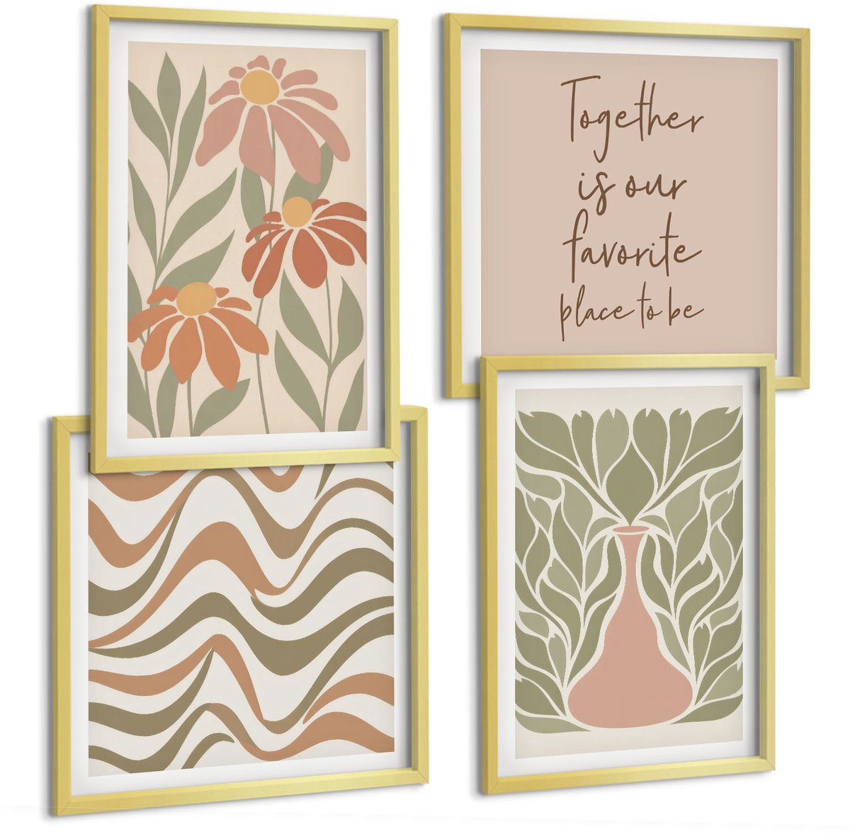 TULUP 4-Delige Schilderij Set - Pastelkleurige bloemenillustraties Abstracte belettering - 40 x 40 cm en 40 x 60 cm - Stijlvolle Muurdecoratie - Kantoor - Decoratieve Schilderijen Gouden lijst