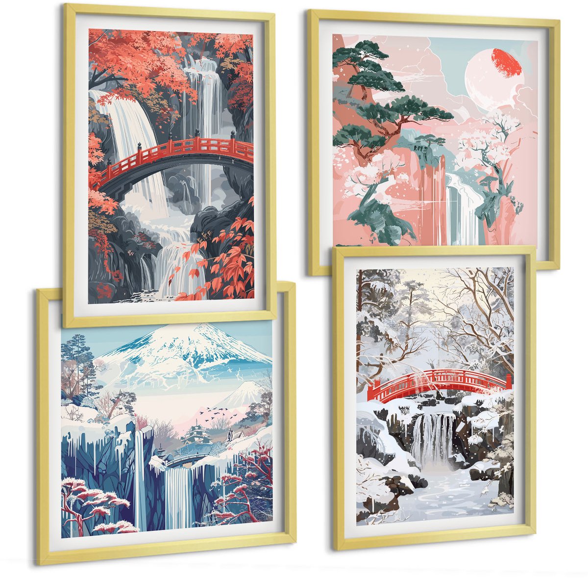 TULUP 4-Delige Schilderij Set - Berglandschappen en watervallen in verschillende seizoenen - 40 x 40 cm en 40 x 60 cm - Muurdecoratie - Wanddecoratie - Slaapkamer Gouden lijst