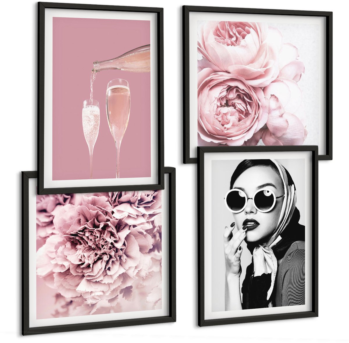 Tulup 4-Delige Schilderij Set - Bloemen, pioenrozen, rozen, champagne en een elegante vrouw - 40 x 40 cm en 40 x 60 cm - Wanddecoratie - Moderne Interieurdecoratie