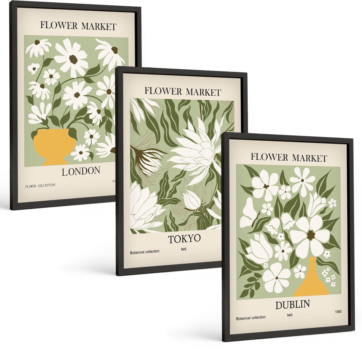 Tulup 4-Delige Schilderij Set - Bloemenposterontwerpen Londen Tokio Dublin - 40 x 60 cm - Wanddecoratie - Muurdecoratie - Moderne Interieurdecoratie