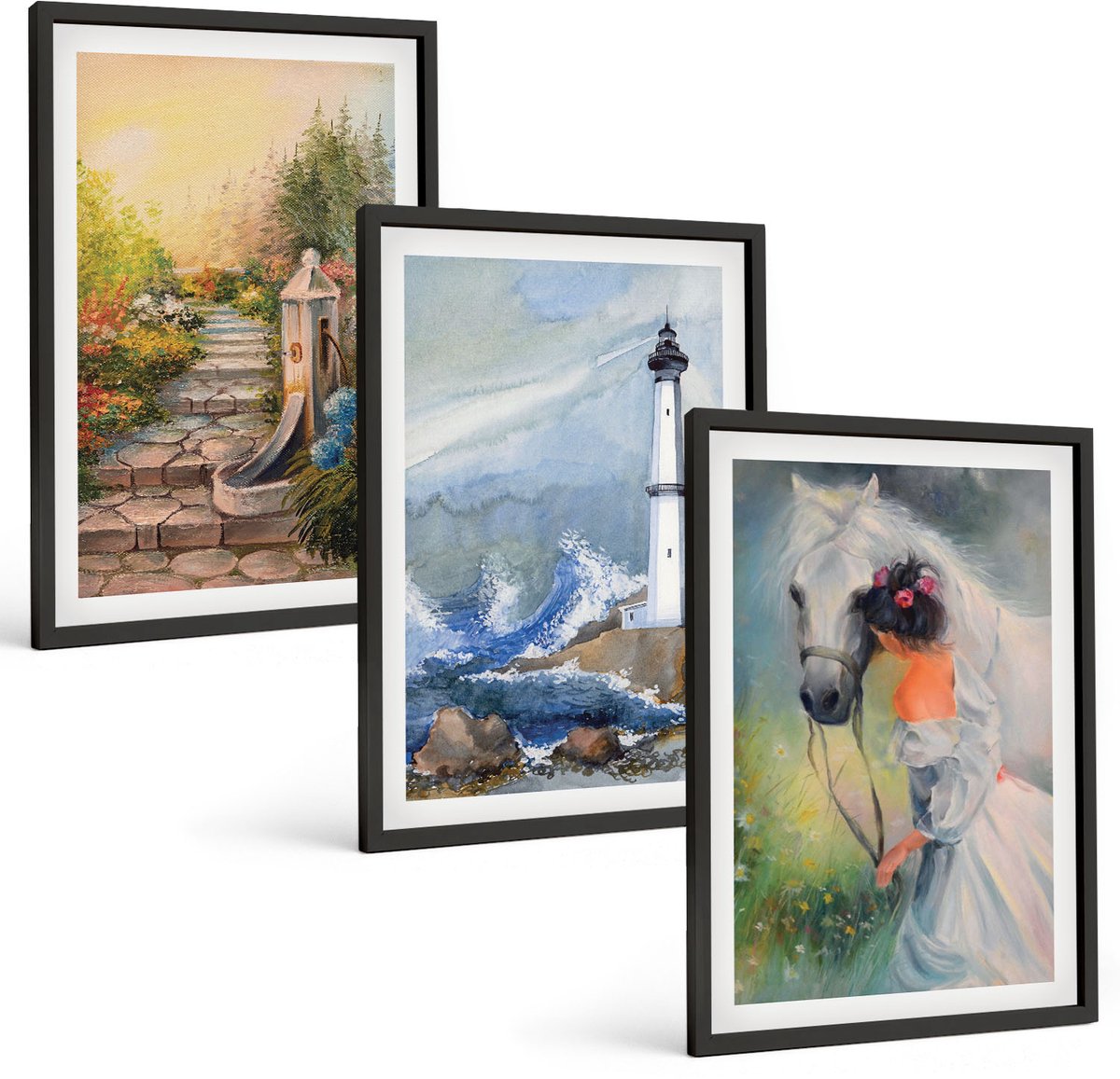 Tulup 4-Delige Schilderij Set - Natuurlandschap, vuurtoren en meisje met paard - 40 x 60 cm - Schilderijen Set - Wanddecoratie - Woonkamer - Moderne Wanddecoratie
