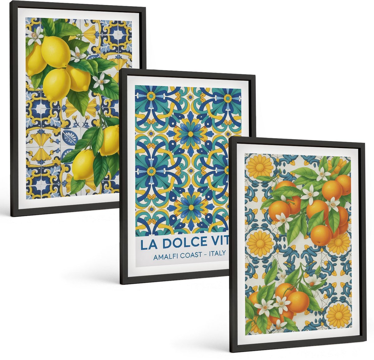 Tulup 4-Delige Schilderij Set - Citroenen, bloemen en sinaasappels in Italiaanse stijl - 40 x 60 cm - Moderne Wanddecoratie - Woonkamer - Muurdecoratie