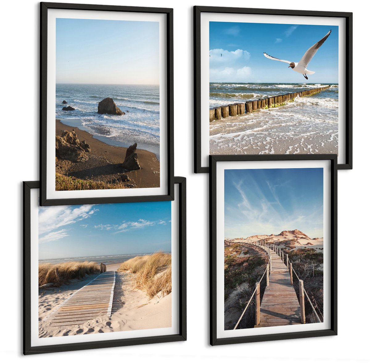 Tulup 4-Delige Schilderij Set - Uitzicht op het strand met golven, de lucht en een wandelpier. - 40 x 40 cm en 40 x 60 cm - Muurdecoratie - Interieur Decoratie - Decoratieve Schilderijen