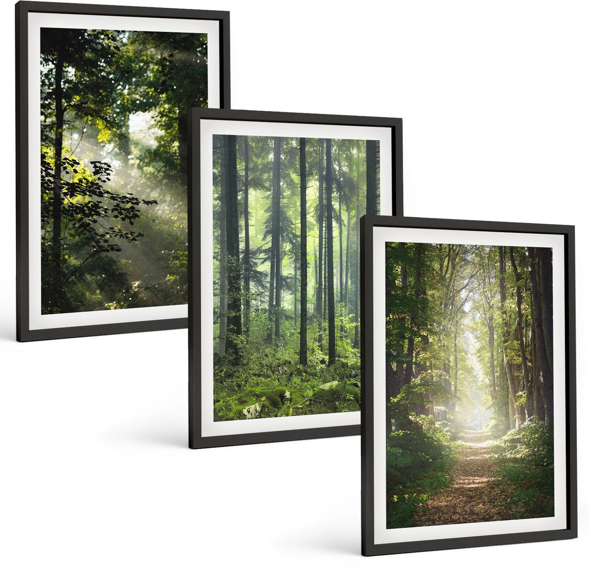 Tulup 4-Delige Schilderij Set - Groene bossen met zonnestralen en een bospad - 40 x 60 cm - Wanddecoratie - Muurdecoratie - Moderne Interieurdecoratie