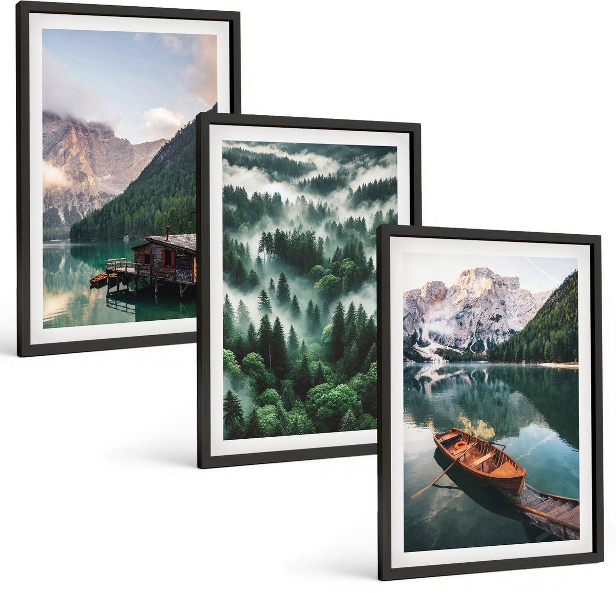 Tulup 4-Delige Schilderij Set - Berglandschap met een meer, een boot en een bos in de mist. - 40 x 60 cm - Moderne Wanddecoratie - Woonkamer