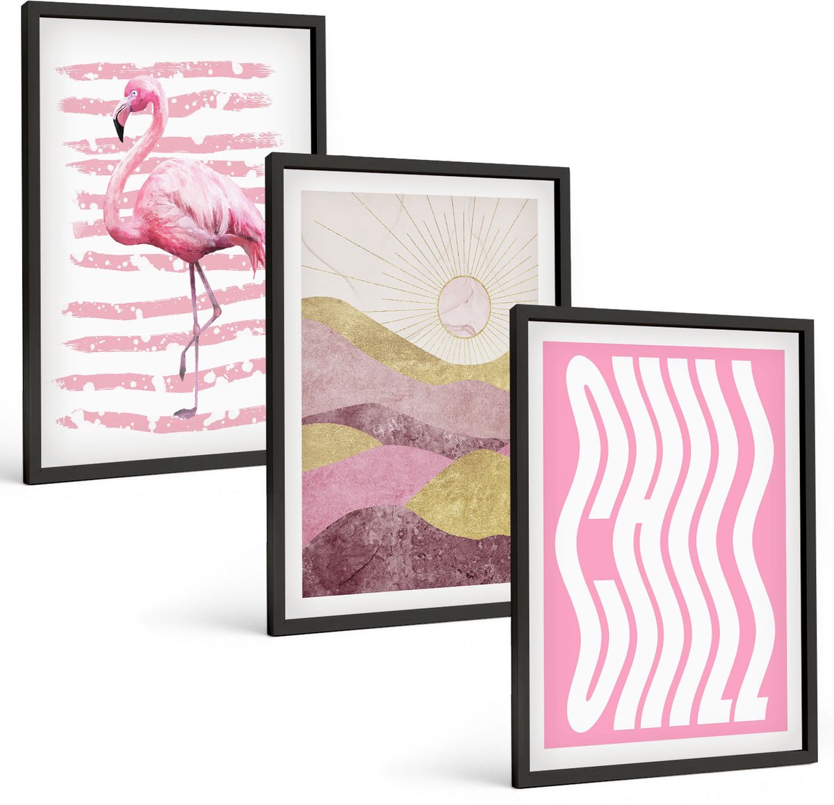 Tulup 4-Delige Schilderij Set - Roze flamingo's, pastelkleurig berglandschap, relaxte belettering - 40 x 60 cm - Muurdecoratie - Decoratieve Schilderijen - Wohnzimmer - Stijlvolle Muurdecoratie