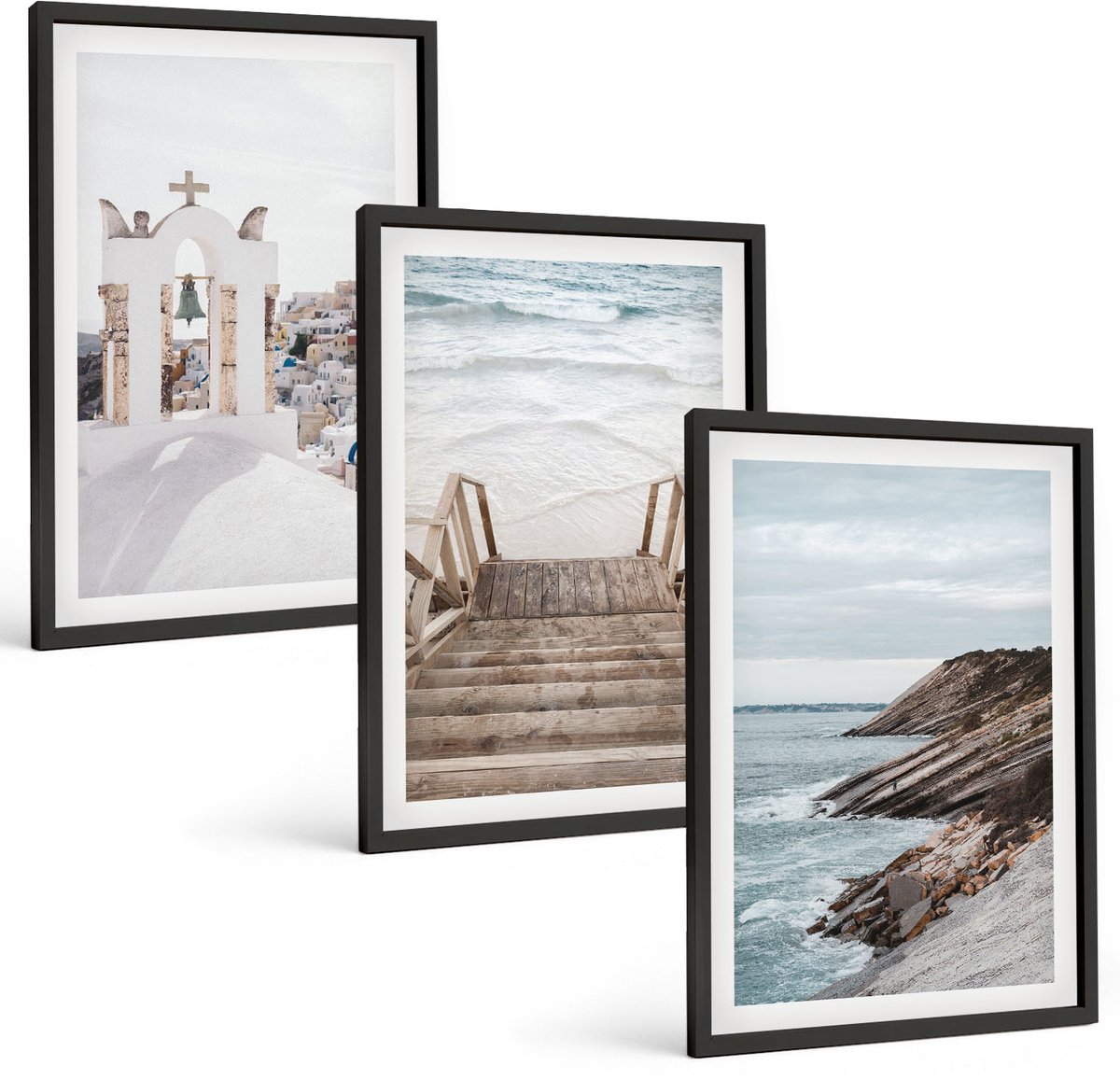 Tulup 4-Delige Schilderij Set - Uitzicht op de zee en de architectuur van Santorini tegen de hemel. - 40 x 60 cm - Muurdecoratie - Interieur Decoratie