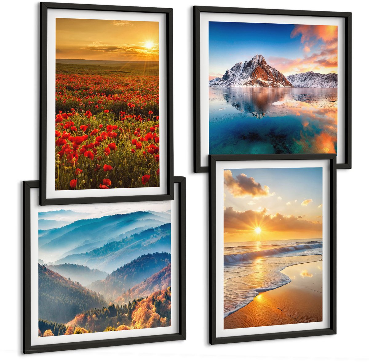 Tulup 4-Delige Schilderij Set - Berg- en kustlandschappen met zonsondergang - 40 x 40 cm en 40 x 60 cm - Stijlvolle Muurdecoratie - Kantoor - Interieur Decoratie