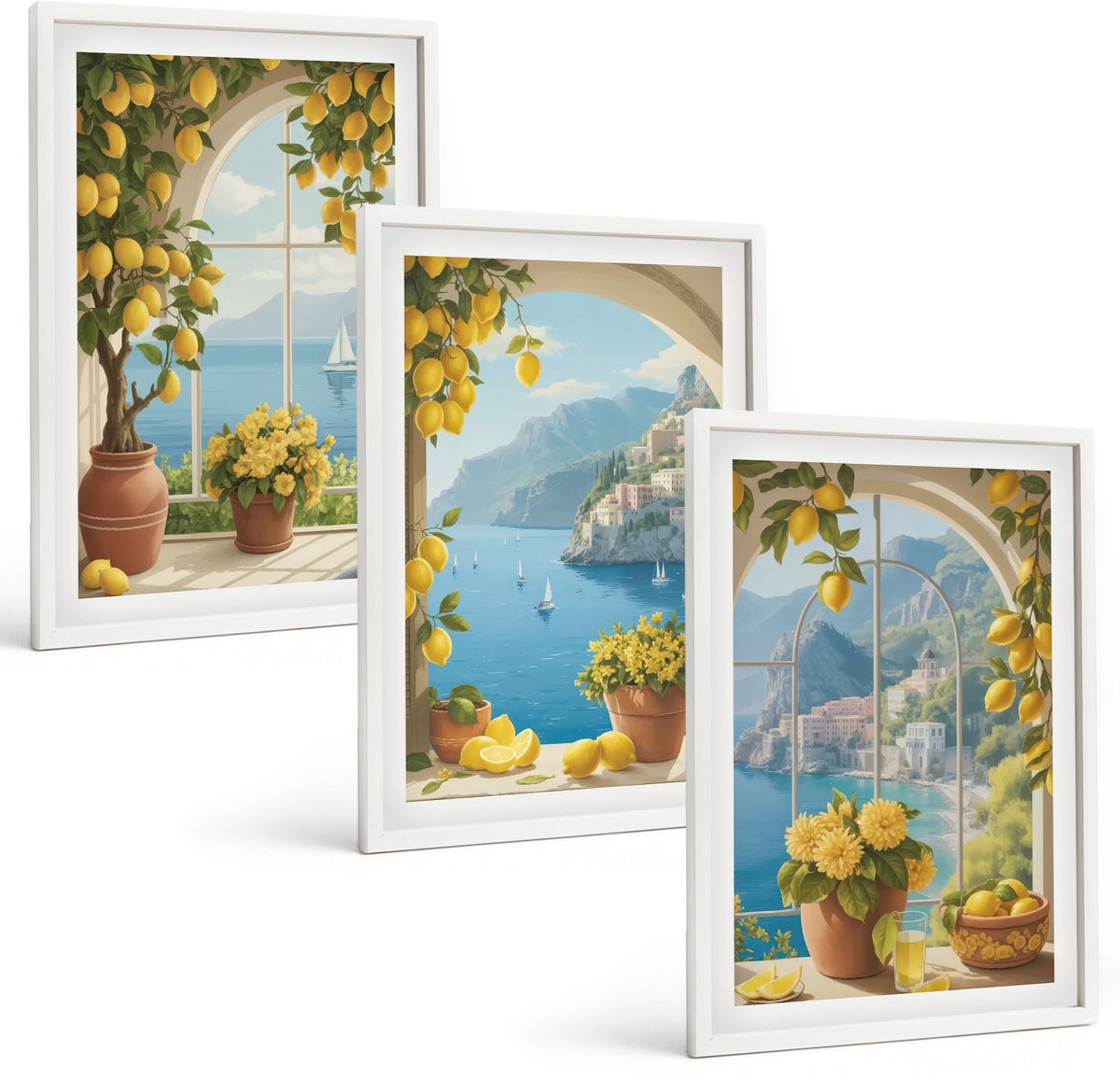Tulup 3-Delige Schilderij Set - Zeegezichten met Italiaanse citroenen in de ramen. - 40x60 - Muurdecoratie - Schilderijen Set - Woonkamer - Moderne Wanddecoratie