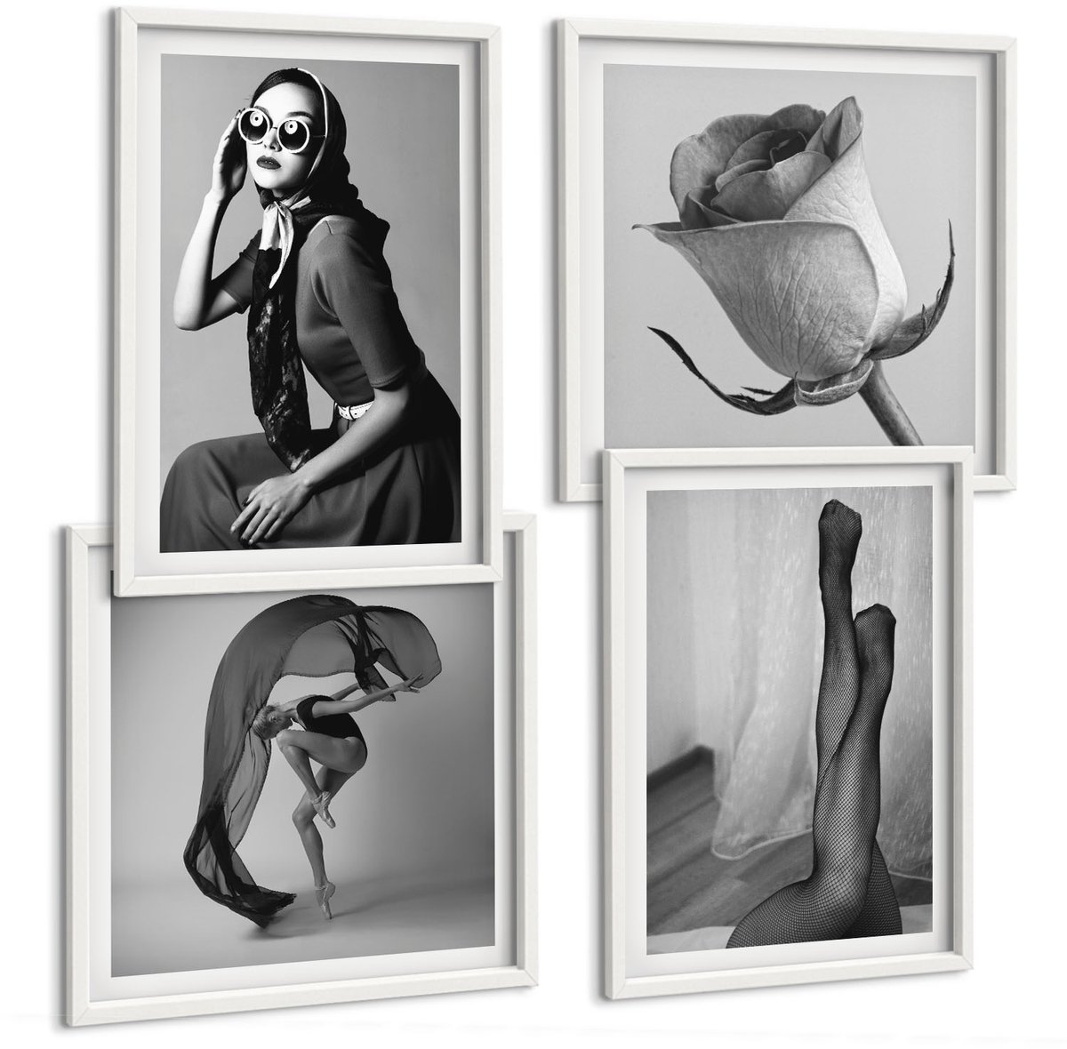 Tulup 4-Delige Schilderij Set - Stijlvolle zwart-witportretten van vrouwen in elegante poses - 40x40 en 40x60 - Wanddecoratie - Schilderijen Set - Kantoor - Muurdecoratie
