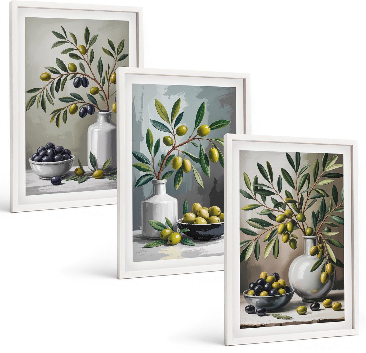 Tulup 3-Delige Schilderij Set - Olijven in keramische schalen op een grijze achtergrond - 40x60 - Moderne Wanddecoratie - Woonkamer - Stijlvolle Muurdecoratie