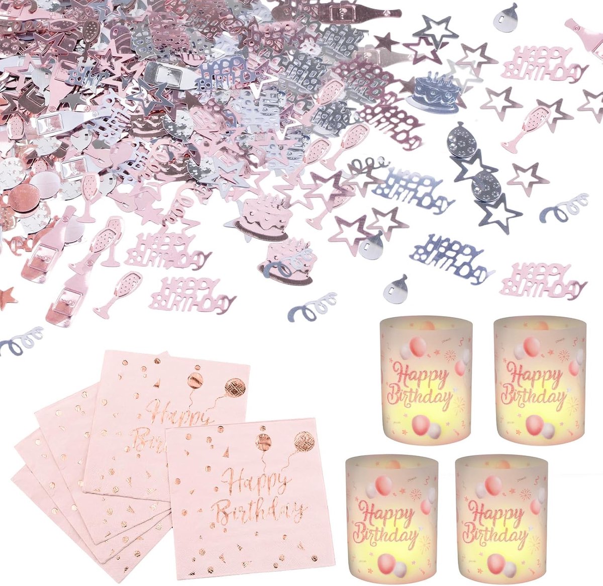 Verjaardagstafeldecoraties, 1 set roze lantaarn gelukkige verjaardag tafeldecoratie servetten verjaardag confetti - ShopVlot