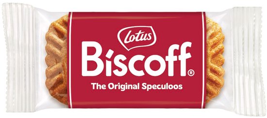 Lotus Biscoff koekje in rode verpakking met logo.