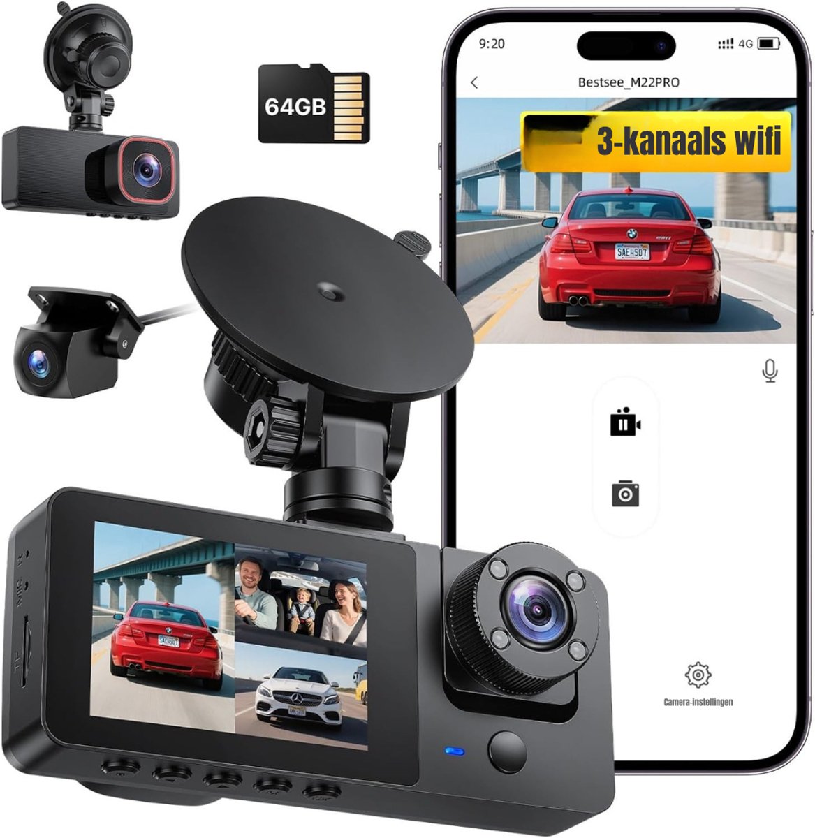 QUOVO® Dual Dashcam - Dashcam Voor Auto 1080p - Voor en Achter Camera – Inclusief 64GB SD-Kaart – Auto Camera Met Parkeerbewaking - Met Nachtzicht – G-Sensor - Zwart - 2cm x 11cm x 5cm