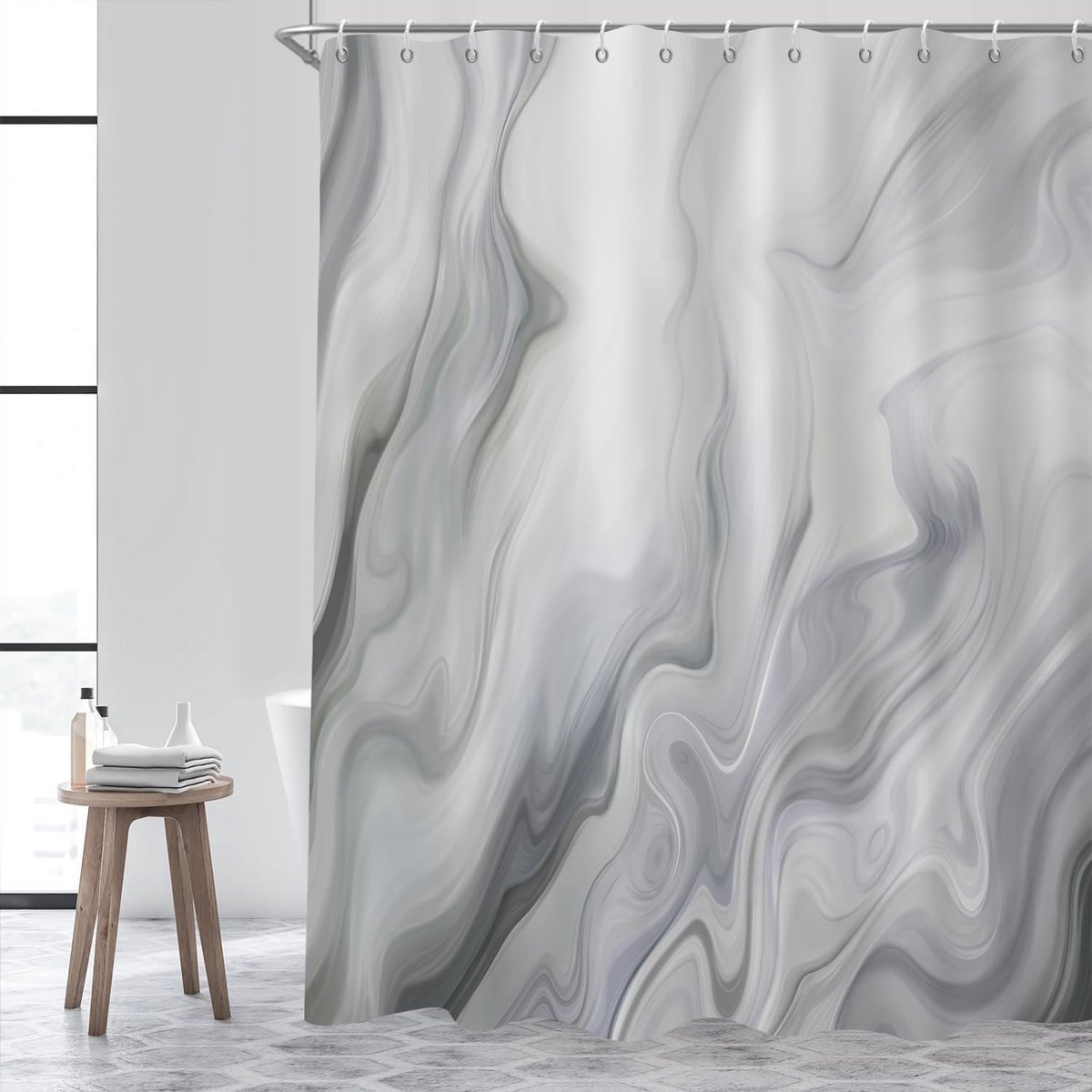 Douchegordijn, 180 x 200 cm, grijs mix, wit, ombre modern, abstract, luxe golf, waterdichte stof, machinewasbaar - ShopVlot
