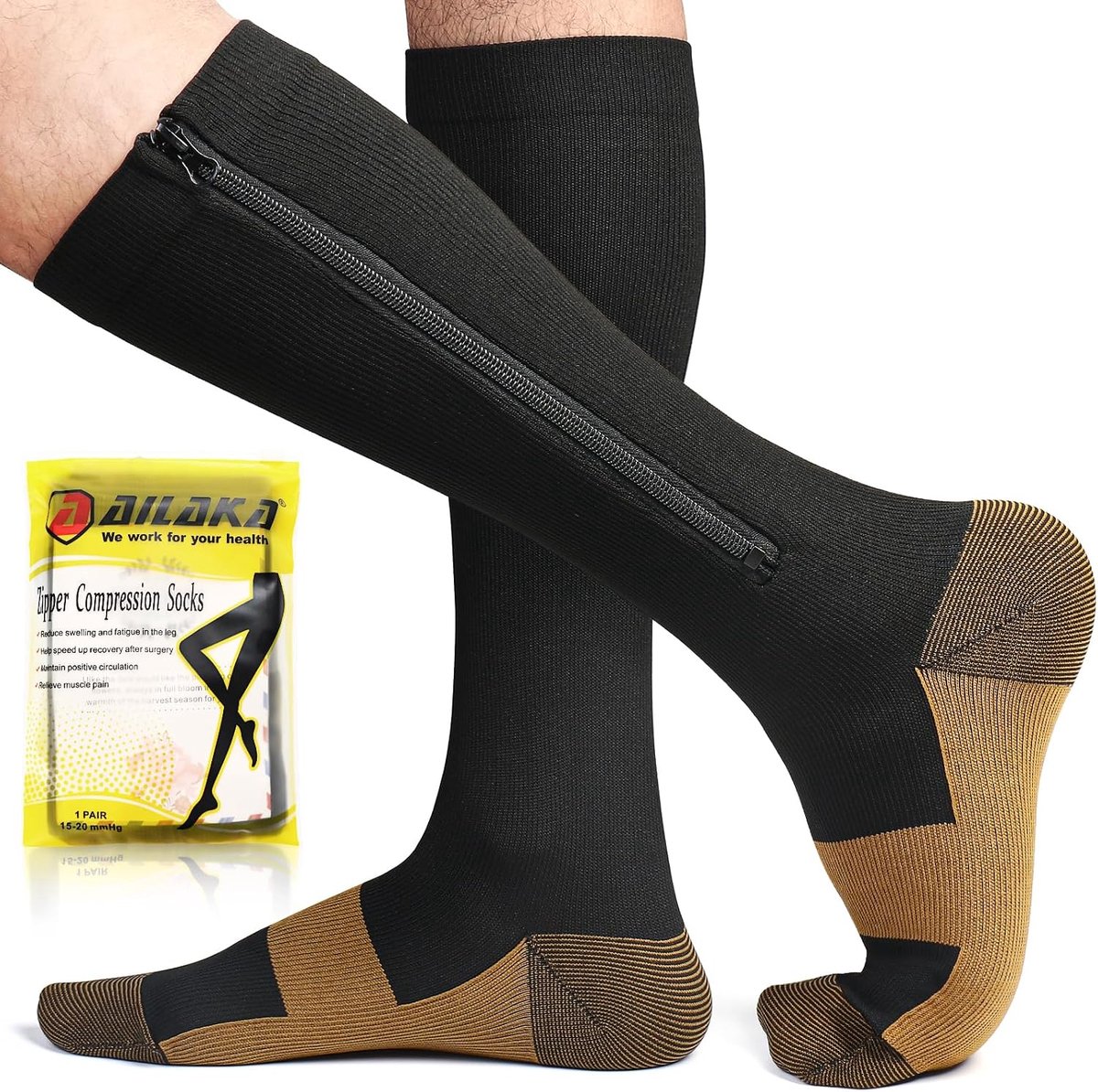 Ailaka Compression Stockings with Zip 15-20 mmHg for Women Men Closed Toe Support Graduate Medical Varicose Veins - ShopVlot