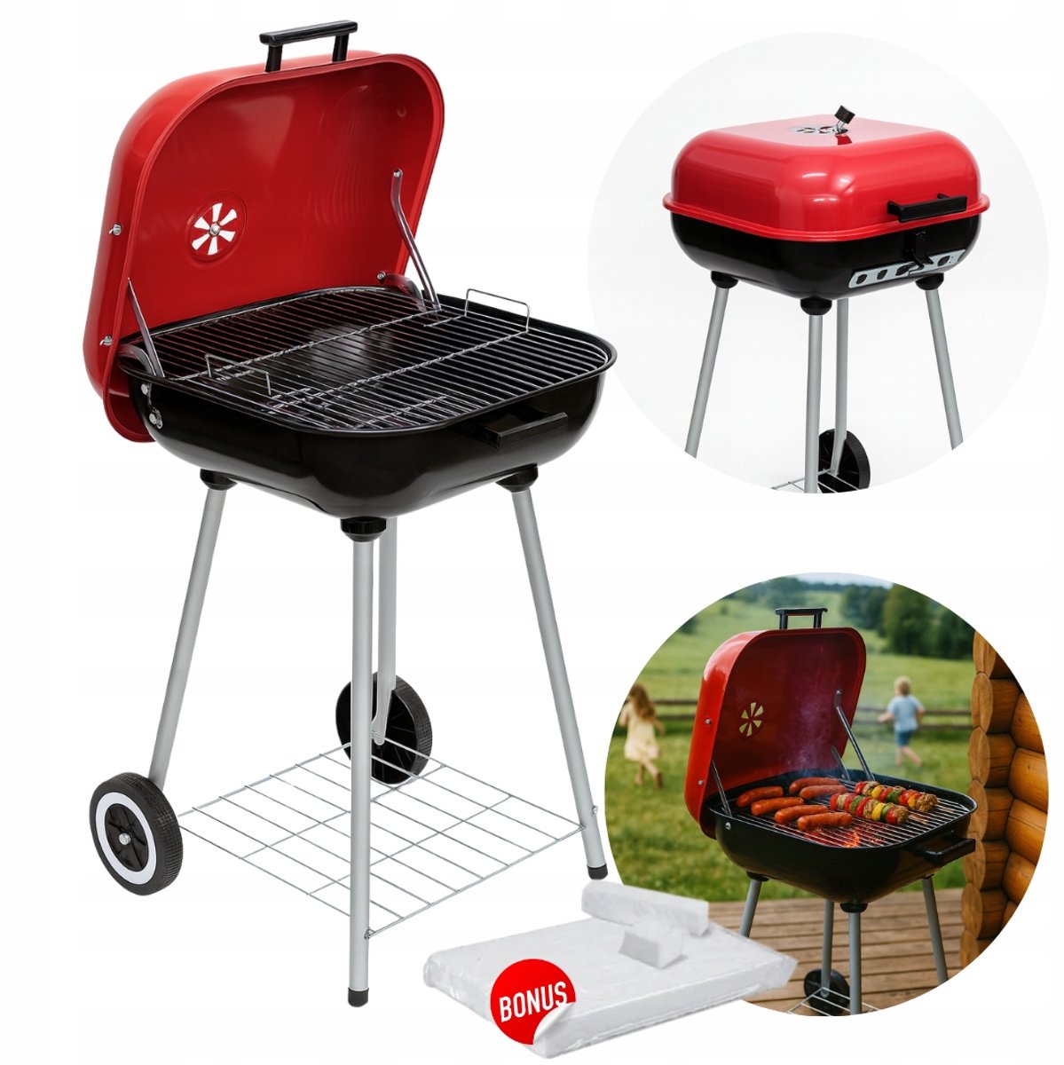 Merkloos Koolgrill met Deksel en Wielen - 39x53x78cm