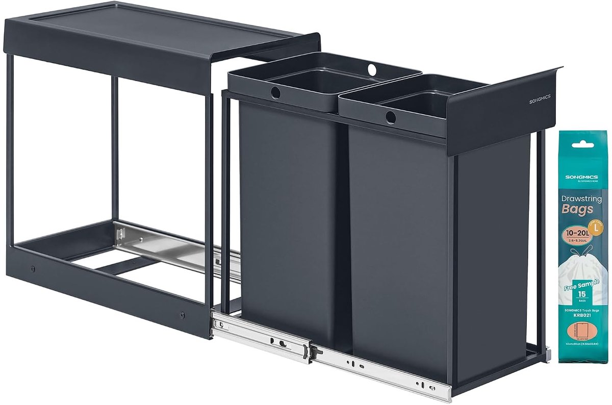 Songmics afvalbak, Uitschuifbaar, Stalen Frame, ABS-deksel