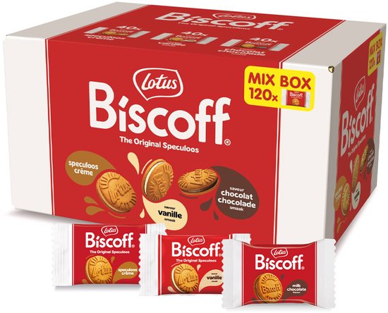 Lotus Biscoff Mix Box met 120 gevulde koekjes, speculoos en melkchocolade smaak.