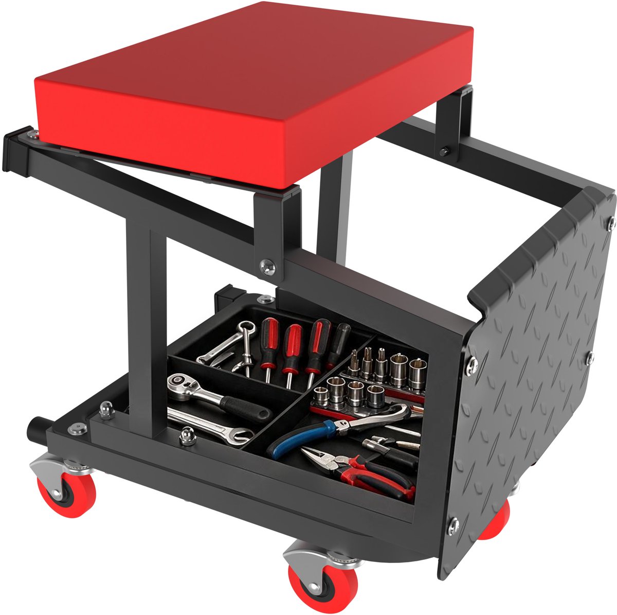 Aufun Multifunctionele 2-in-1 Werkplaatskruk Vierkant - Zwart/Rood, Dik Zitkussen, Voetsteun, 2 Opbergvakken & Versterkt Stalen Onderstel