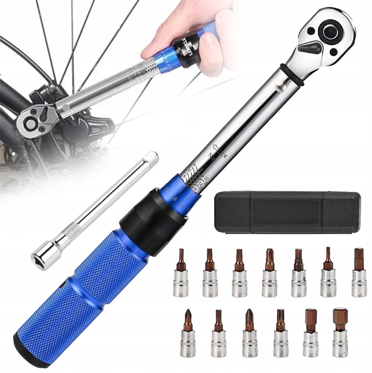 Momentsleutel Set - Momentsleutel Fiets - Draaimomentsleutel met Inbus & Torx Bits - 1/4" - 100 mm Verlengstuk - 2-24 Nm - ±3% Precisie - Voor Motor & Mountainbike & Racefiets