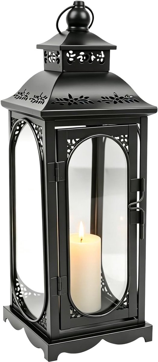 Lantaarn zwart 35 cm metalen windlicht voor tuin & outdoor - ShopVlot