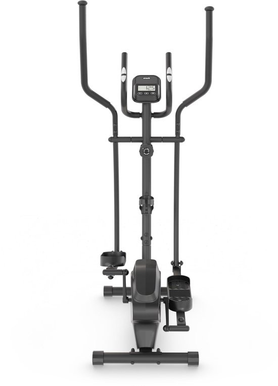 Zwarte VirtuFit crosstrainer met digitaal display en tablethouder, hartslagsensoren.