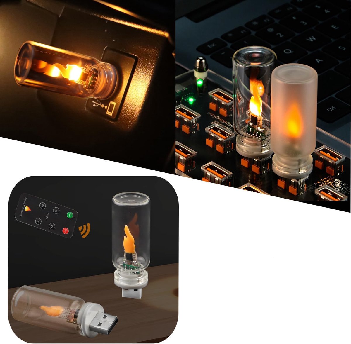 KZQ Set van 2 USB-autolampen - LED-vlamlampen - sfeerverlichting via USB-aansluiting - nachtlampjes - afstandsbediening en timer voor automatische uitschakeling