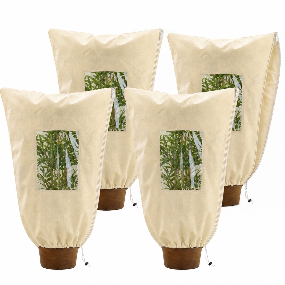 Plantenbeschermhoezen Winter – Winterhoes voor Planten met Kijkvenster, Ritssluiting & Aantrekkoord – Tegen Vorst, Sneeuw & Koude Wind – PP Non-woven – Beige – 100 x 120 cm – 4 Stuks