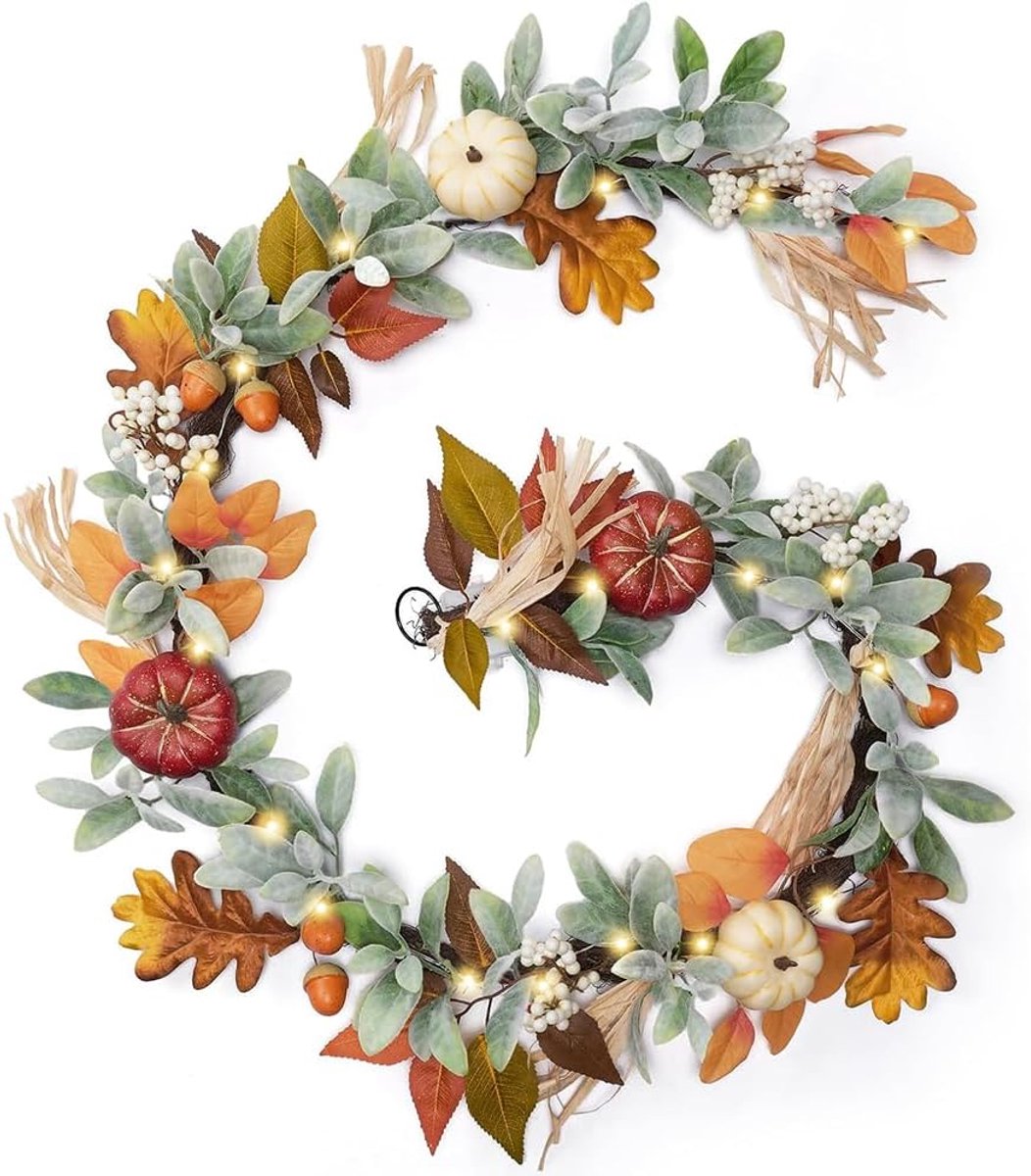 Herfstkrans, 180 cm, kunstmatige esdoornkrans, met esdoornbladeren, pompoenen, bessen, pompoenkrans, huisdecoratie - ShopVlot