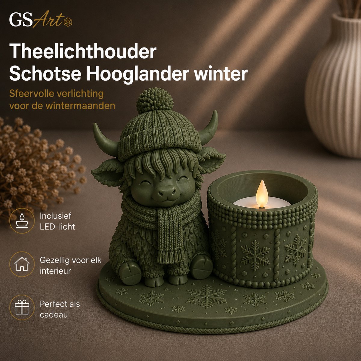 GSArt Theelichthouder Schotse Hooglander Winter – inclusief LED-kaarsje - Mat Donkergroen