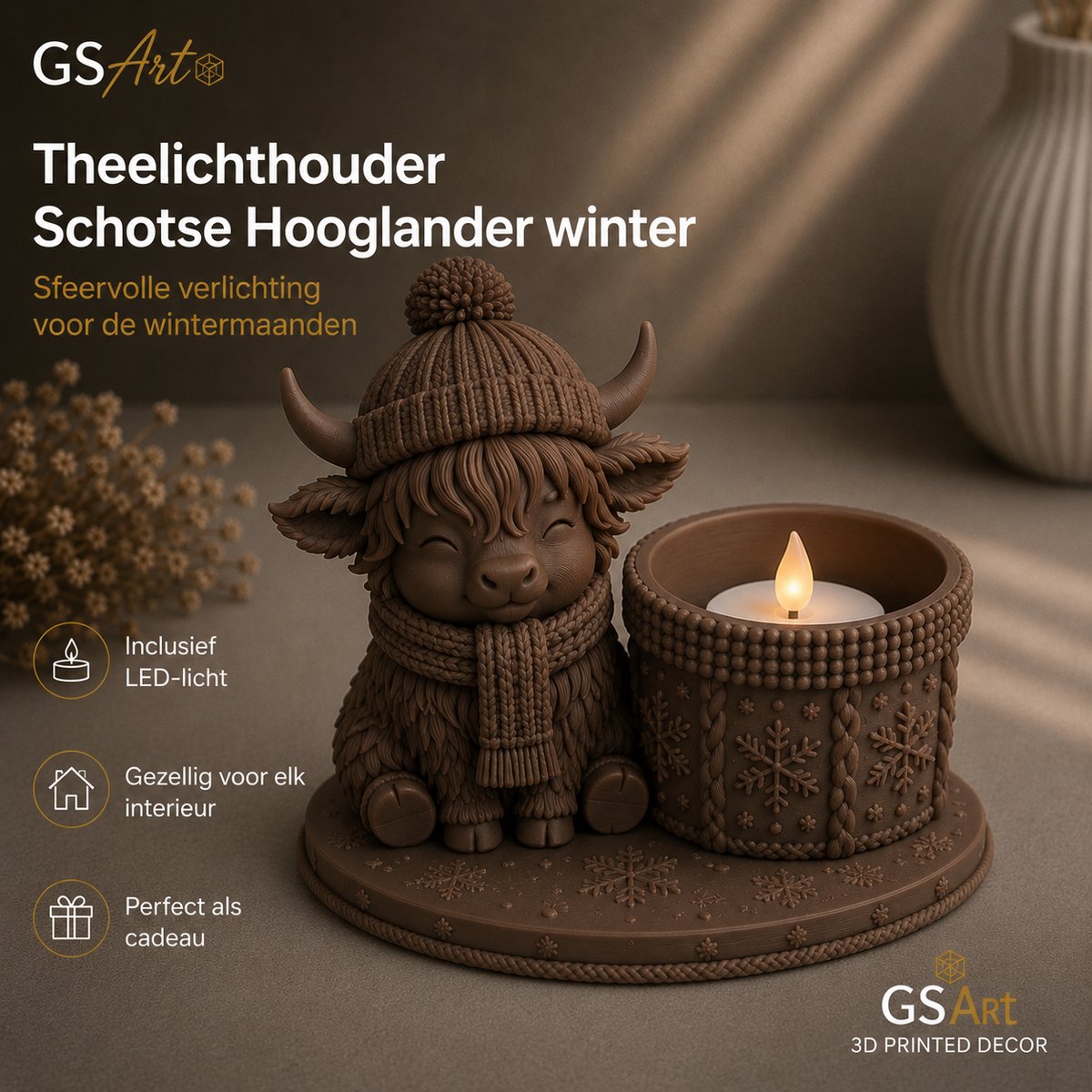 GSArt Theelichthouder Schotse Hooglander Winter – inclusief LED-kaarsje - Chocolade bruin