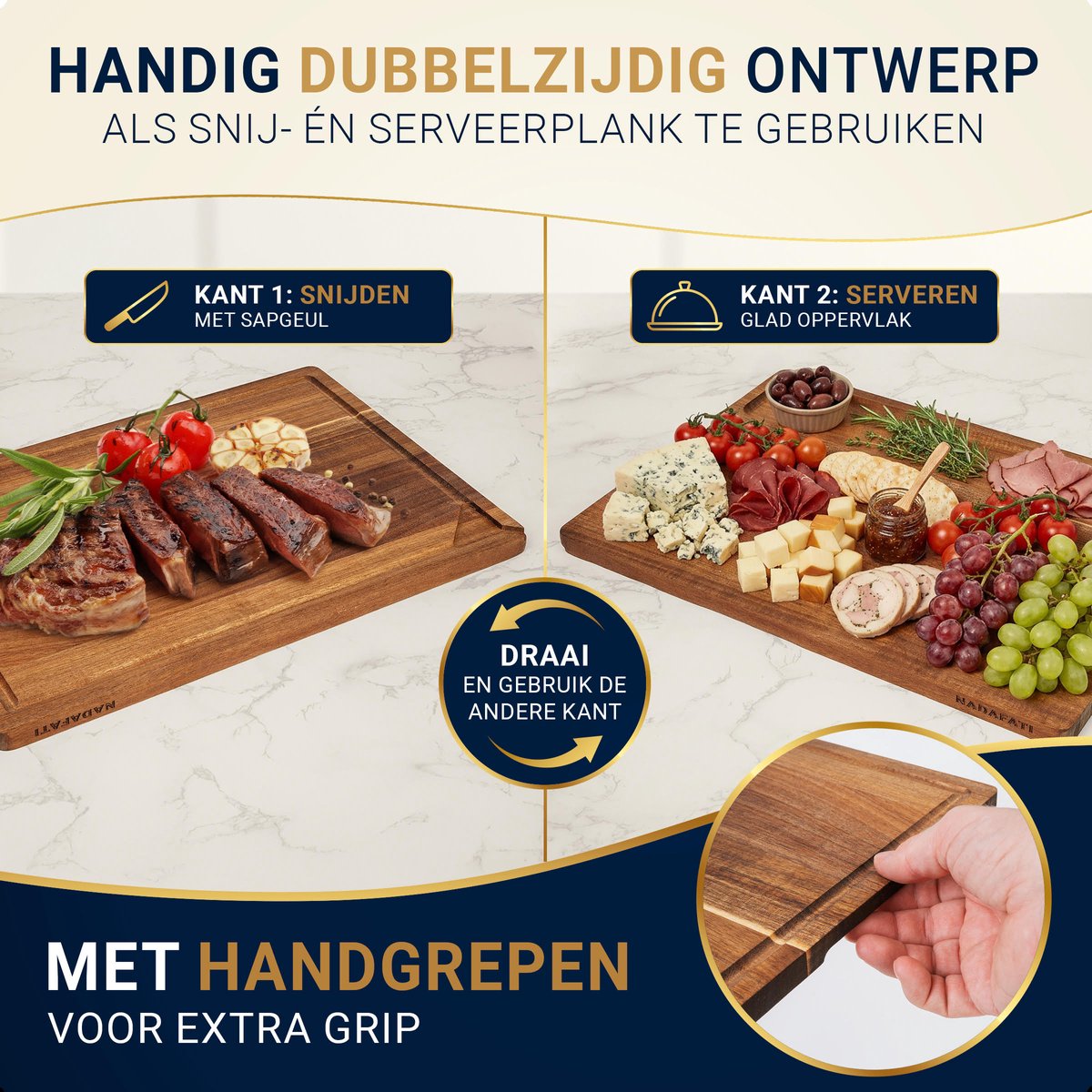Nadafati Premium Massief Acacia Houten Snijplankenset met Houder - 3 Houten Snijplanken - Dubbelzijdig - Met Sapgeul - Hakblok - Serveerplank - Borrelplank - Tapasplank - Kaasplank - Broodplank - Snijplank van Acaciahout — cadeau in Kookcadeaus - foto 8