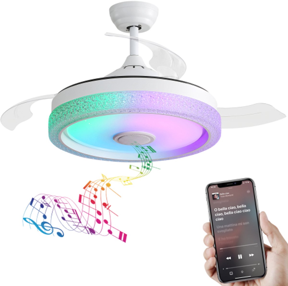 42-Zoll moderner unsichtbarer Deckenventilator, 3 ABS-Flügel, Fernbedienung, reversibler DC-Motor mit 32W LED-Licht