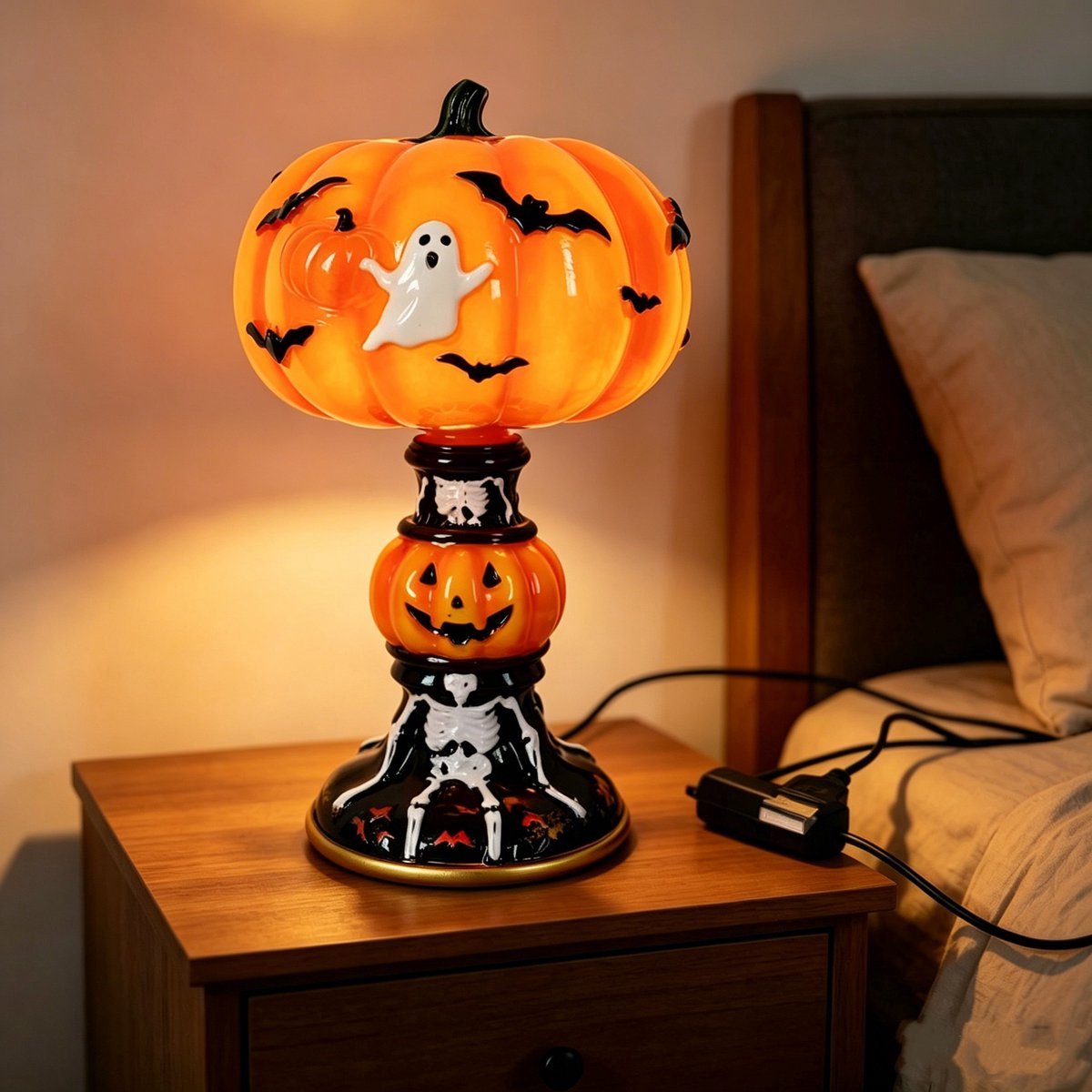 Casalora® Halloween Spook Tafellamp – LED Resin Lamp met Vleermuis en Pompoen – USB Oplaadbare Gothic Nachtlamp voor Halloween Decoratie en Woonkamer