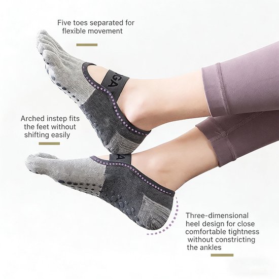 3 stuks - Vijfvingersokken - Yogasokken - Pilatessokken - Yogasokken voor dames - Antislipsokken - Ballerinas - Met antislipdeeltjes - Grijs - One size fits all - Essentiële schoenen voor sport en fitness — afbeelding 5