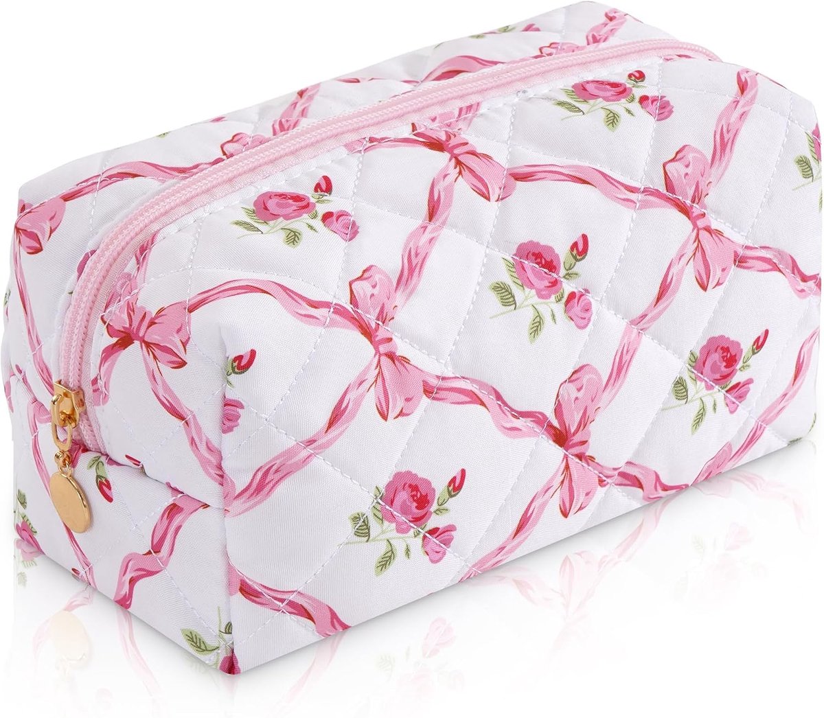 Make-uptasje, reistoilettasje voor dames, kleine cosmetische tasjes, schattig gewatteerd katoenen make-uptasje voor in de handtas, noodtasje, etui met bloemenprint, accessoiretasje, met strik en bloemen.