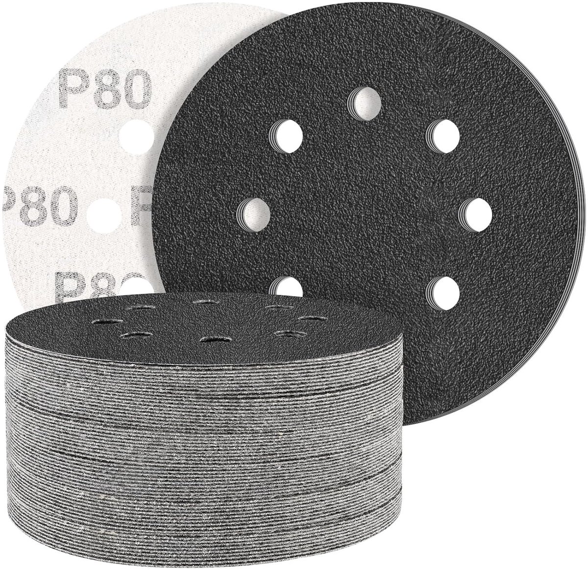 STEBRUAM Sandpaper, 50 pieces, silicon carbide, 125 mm, strap, grit size 80, professional 125, round, 8 holes, wet and - ShopVlot