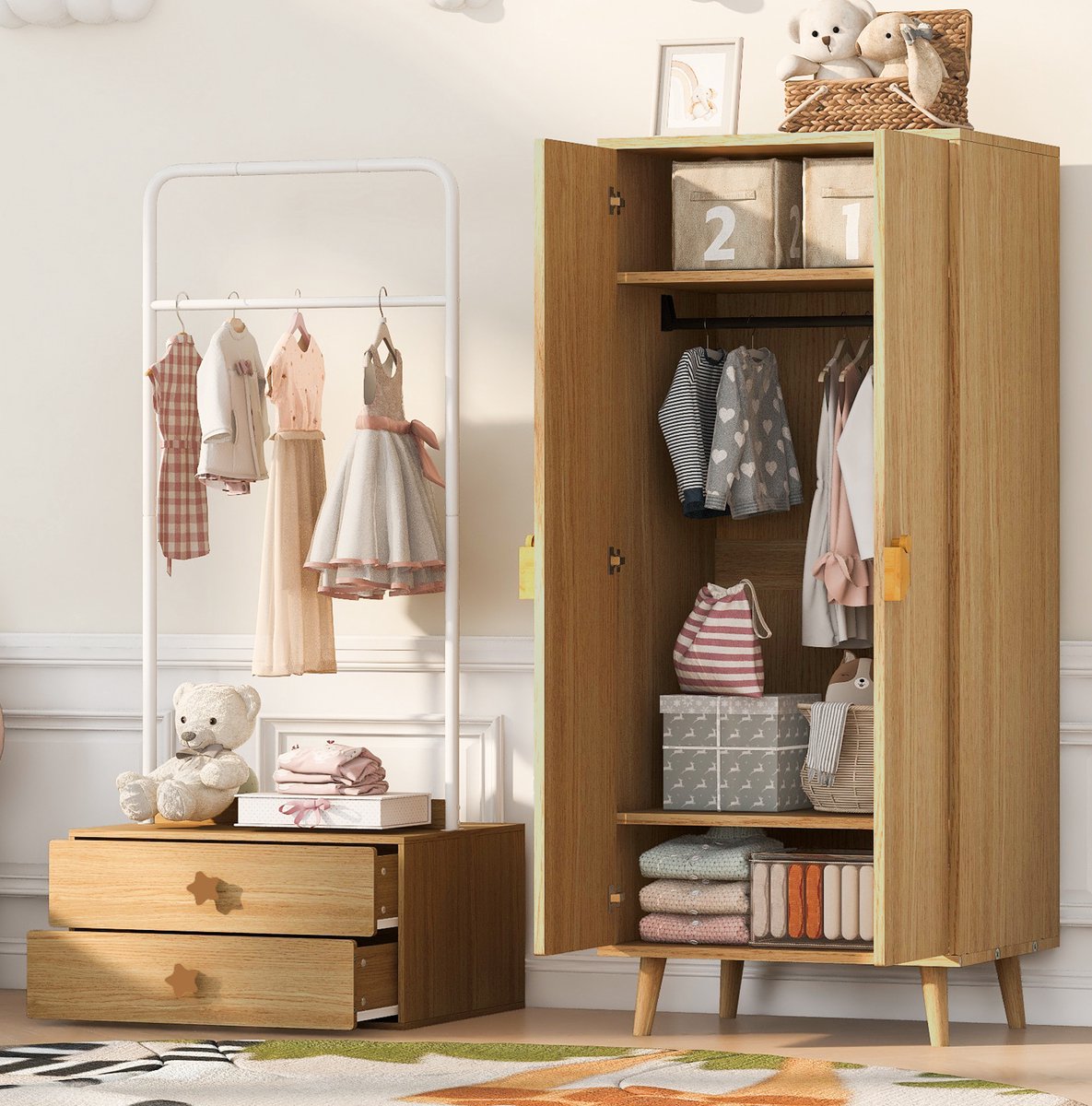 MIVRAY Kledingkast Dubbele Deuren Met Hanggedeelte En Twee Lades Voor Kinderkamer En Slaapkamer Hout En Metaal Naturel 70x55x168 Cm
